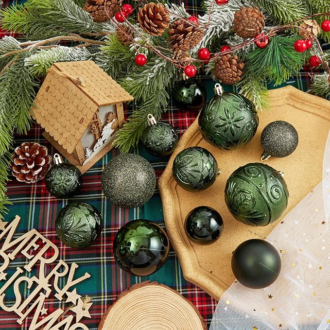 Wironlst Christmas Ball Ornaments - 30pcs Shatterproof Plastic Christmas Ornaments Hanging Ball Decorations for Xmas Tree, Holiday, Wedding, Party (Multi-Size, Dark Green)