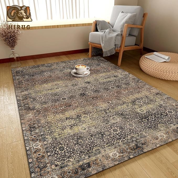 Washable Area Rug 3' x 5 ' Vintage Traditional Persian Mat - Foldable Distressed Non-Slip Machine Washable Carpet for Living Room Bedroom Kitchen Home Decor - Umber and Slate
