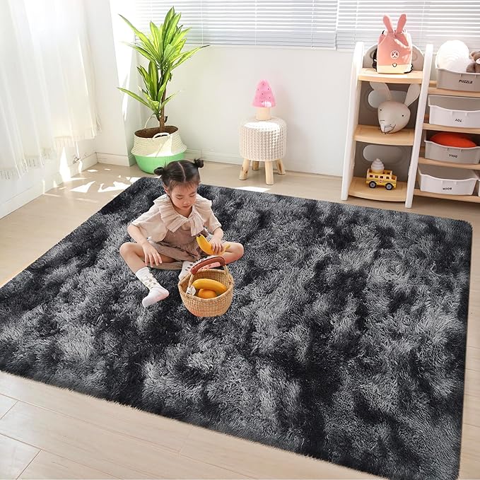 4x6 ft Area Rug for Bedroom Black Grey Tie Dye Fluffy Rug Mat Bedside Throw Rug for Living Room Kids Room Boys Teens Nursery Baby Dorm Office Home Decor Aesthetic Carpets