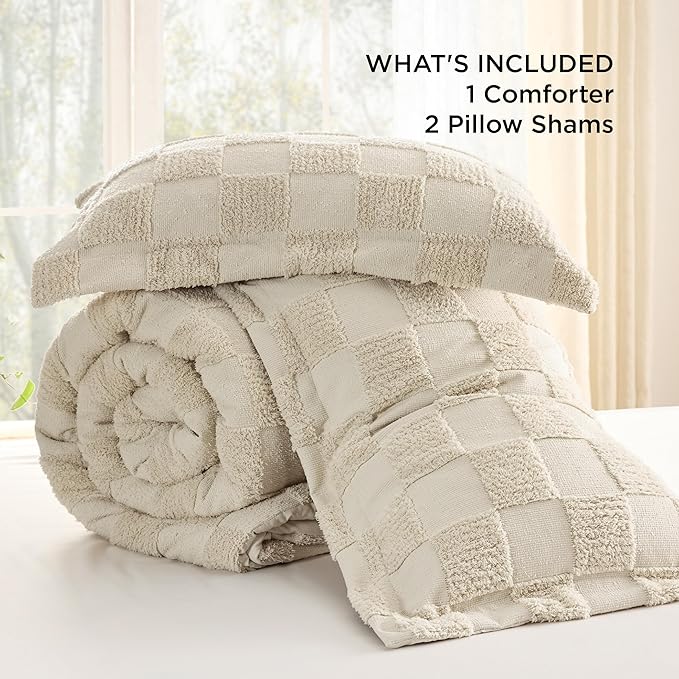 Bedsure King Size Comforter Set Dark Grey, Boho Tufted Bed Set, Checkered Farmhouse Shabby Chic Bedding, 3 Pieces, 1 Plaid Geometric Comforter and 2 Pillow Shams