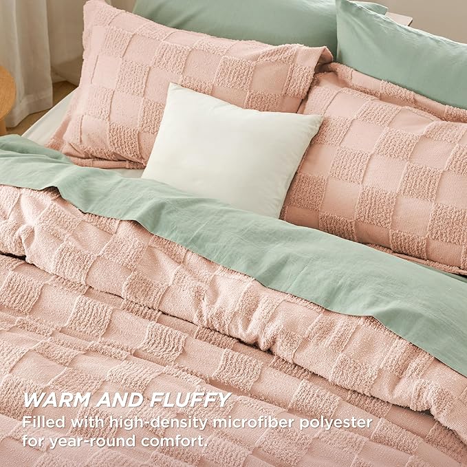 Bedsure Queen Size Comforter Set Dusty Rose, Boho Tufted Bed Set, Checkered Farmhouse Shabby Chic Bedding, 3 Pieces, 1 Plaid Geometric Comforter and 2 Pillow Shams