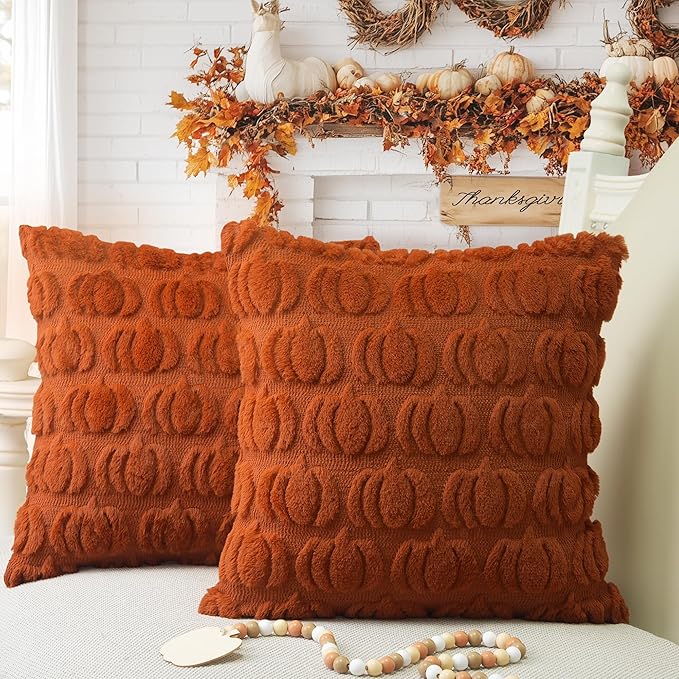 GEEORY Fall Pumpkins Soft Plush Pillow Covers, 26 x 26 Inch Set of 2, Fluffy Faux Fur Wool Decorative Farmhouse Cushion Case for Sofa Home Decoration Rust GC001-26