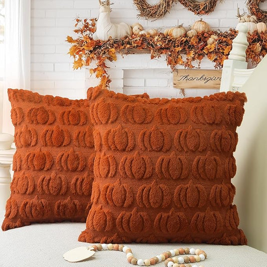 GEEORY Fall Pumpkins Soft Plush Pillow Covers, 26 x 26 Inch Set of 2, Fluffy Faux Fur Wool Decorative Farmhouse Cushion Case for Sofa Home Decoration Rust GC001-26