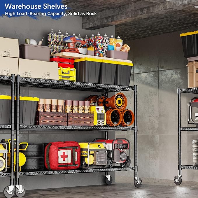 Heavy Duty Shelving, 51.6" H Garage Shelving Unit with Wheels, 3-Tier Garage Storage Shelves Metal Shelves Rack, Adjustable Industrial Shelving for Warehouse Storage, 60" W x 24" D x 51.6" H, Black