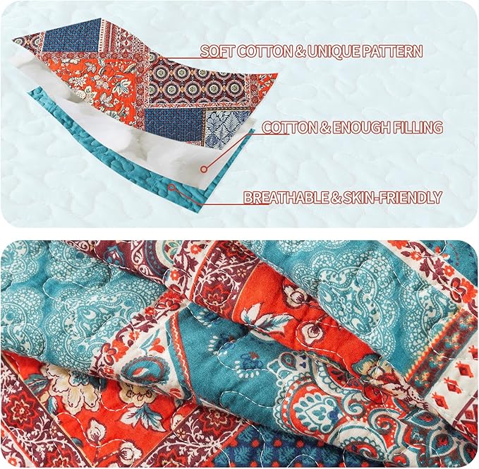 VAPUTAR Cotton Quilt Queen Size Bedding Set - 3 Pieces, Boho Queen Size Quilts, Lightweight Reversible Coverlets Bedspreads for Farmhouse Bedroom