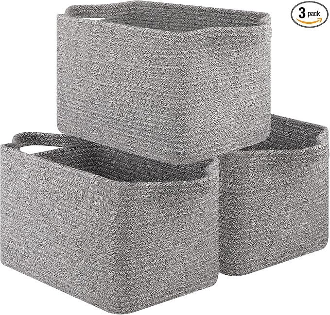 OIAHOMY Storage Basket, Woven Baskets for Storage, Cotton Rope Basket for toys,Towel Baskets for Bathroom - Pack of 3, Light Grey