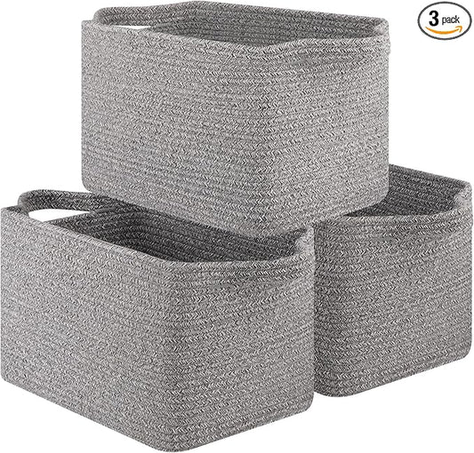 OIAHOMY Storage Basket, Woven Baskets for Storage, Cotton Rope Basket for toys,Towel Baskets for Bathroom - Pack of 3, Light Grey