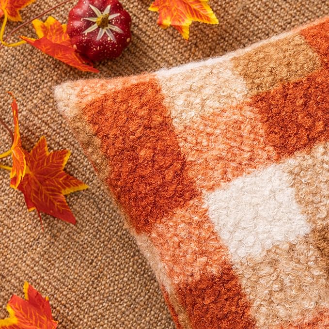 Orange Plaid Fall Throw Pillow Covers 24x24 Inch Set of 2, Boucle Decorative Pillow Covers,Cozy Fluffy Home Living Room Farmhouse Decor for Sofa Couch Bed