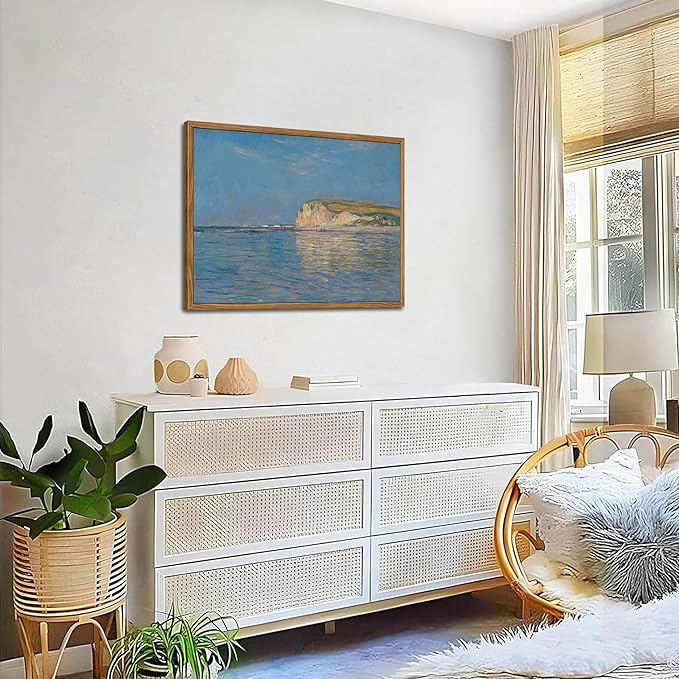 Framed Monet Coastal Wall Art Decor – Impressionist Beach Oil Painting Canvas Prints – Vintage Beachy Landscape Classic Aesthetic Wall Decor for Living Room Bedroom Bathroom – 12"x16"