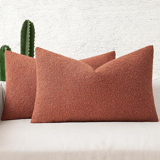 MIULEE Fall 12x20 Inch Decorative Lumbar Throw Pillows for Bed Set of 2 Textured Boucle Neutral Throw Pillow Covers Burnt Orange Accent Solid Pillowcase Cozy Soft Sofa Livingroom Home Decor
