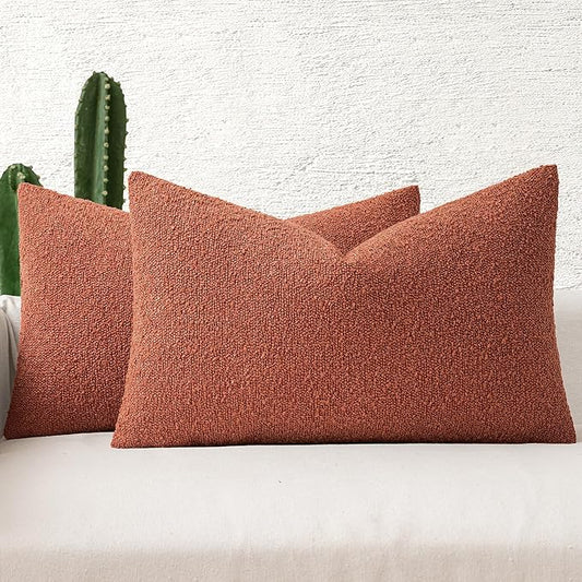 MIULEE Fall 12x20 Inch Decorative Lumbar Throw Pillows for Bed Set of 2 Textured Boucle Neutral Throw Pillow Covers Burnt Orange Accent Solid Pillowcase Cozy Soft Sofa Livingroom Home Decor