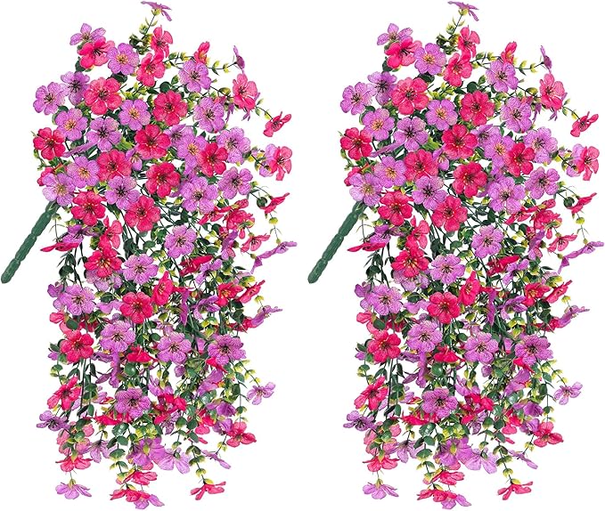 HyeFlora Artificial Flowers for Outdoors Fake Hanging Decoration, 2Pcs Purple and Hotpink Spring Decor, Realistic Plants, UV & Fading Resistant Silk Flower for Porch Patio Balcony Planter Yard