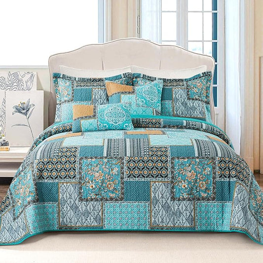 VAPUTAR Cotton Quilt Twin Size Bedding Set - 2 Pieces, Farmhouse Twin Size Quilts, Lightweight Reversible Coverlets Bedspreads for All Season (Teal/Green Chic)