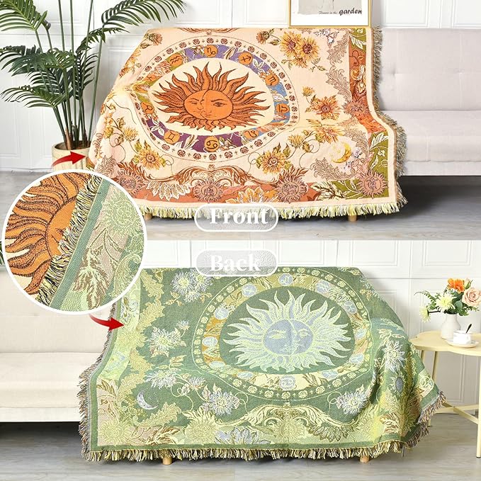 Boho Throw Blanket Reversible Cotton Bohemian Tapestry Hippie Room Decor Outdoor Blanket Double Sided (Boho Sun Yellow 50"x60")