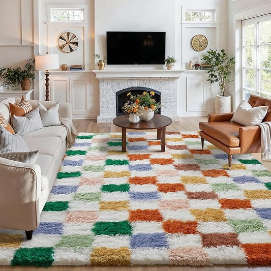 Checkered Rug 6x9 for Living Room, Modern Neutral Shag Rug Washable Non-Slip Large Area Rug Super Soft Indoor Fuzzy Carpet Fluffy Rugs for Bedroom Home Aesthetic Decor