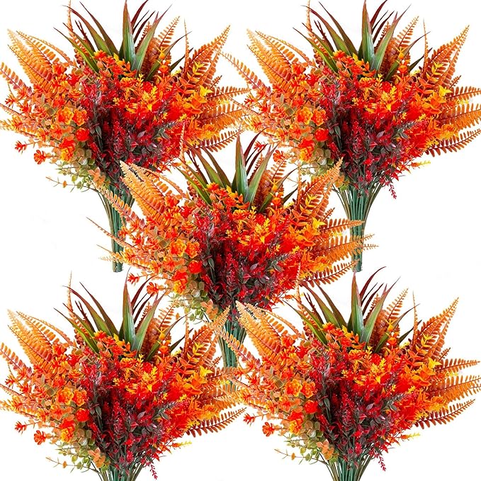 9 Bundles Artificial Fall Flowers,Fake Plants, Orange and Red Autumn Plants for Outdoor Decorations, Halloween Thanksgiving Christmas Wedding Party Indoor Home Garden Fireplace Décor