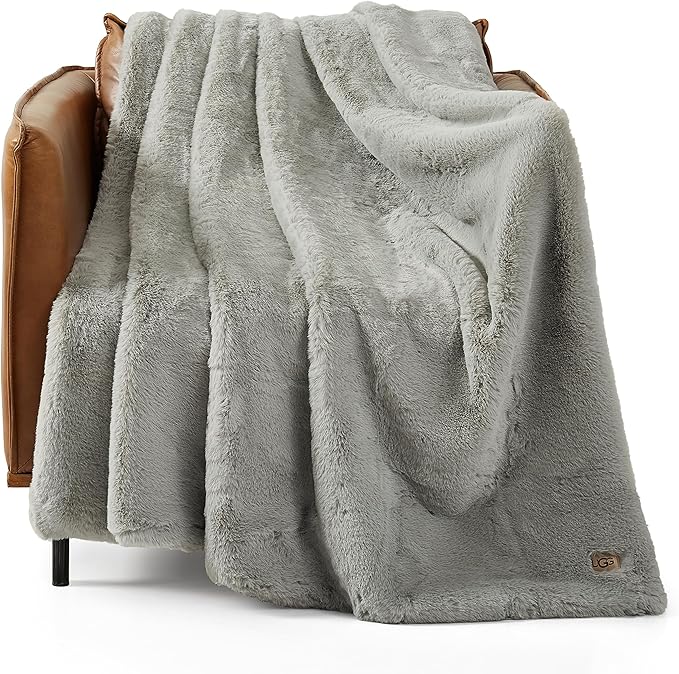 UGG Plush Faux Fur Throw Blanket Reversible Medium Weight Luxury Soft Throw Blankets for Bed or Chair, Hypoallergenic, Machine Washable, Home Decor, 50-inch x 70-inch, Seal Light Grey (Euphoria)