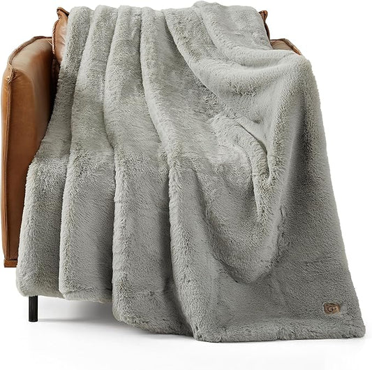 UGG Plush Faux Fur Throw Blanket Reversible Medium Weight Luxury Soft Throw Blankets for Bed or Chair, Hypoallergenic, Machine Washable, Home Decor, 50-inch x 70-inch, Seal Light Grey (Euphoria)