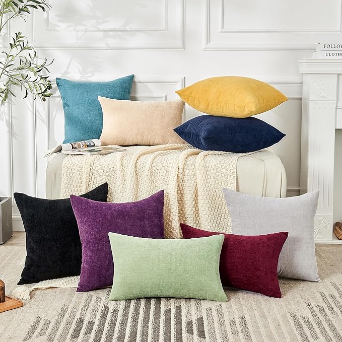 GAWAMAY Decorative Chenille Throw Pillow Covers 24x24 Inch Pack of 2, Soft Square Couch Pillow Cover for Sofa Cushion Living Room Bedroom Solid Dyed Pillowcases Purple 60x60cm (ONLY Covers)
