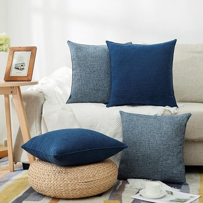HPUK Linen Throw Pillow Covers Pack of 2, 20x20 Inch Accent Cushion Covers for Living Room, Bedroom, Decorative Solid Color Pillow Covers for Couch, Sofa, Chair, Blue