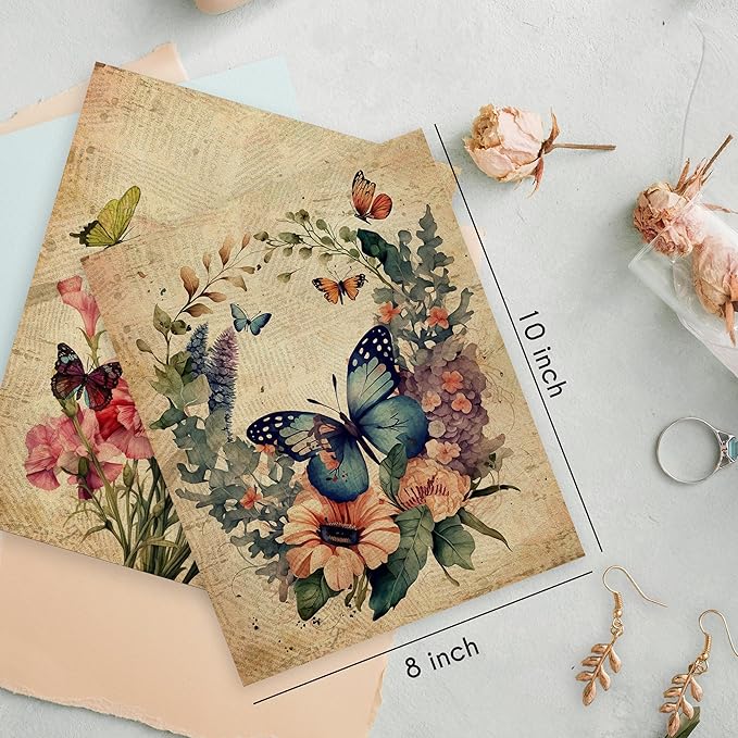 HRQKO Vintage Butterfly Floral Wall Art Poster Prints Set of 4, Floral Wall Art, Retro Wildflower Artwork Printing Posters Wall Decor, Butterfly Flowers Prints for Living Room Bedroom 8”x10” Unframed