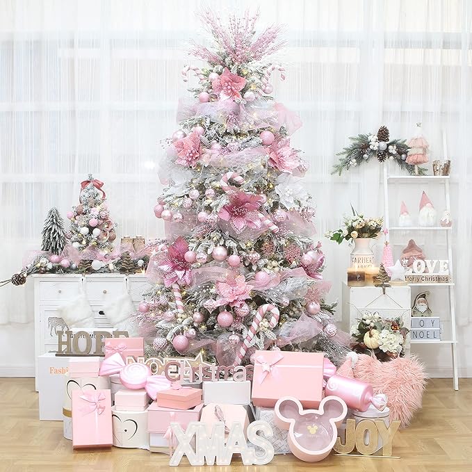 Sea Team 21-Pack Christmas Ball Ornaments with Strings, 80mm/3.15-Inch Large Size Baubles, Shatterproof Plastic Christmas Bulbs, Hanging Decorations for Xmas Tree, Holiday, Wedding, Party, Pink