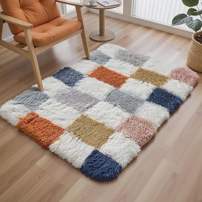 Checkered Area Rug 2x3 for Bedroom, Modern Rainbow Shag Rug Super Soft Runner Carpet Washable Fluffy Rugs for Living Room Bedside Sofa Home Dorm Decor Aesthetic