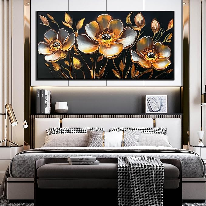 Gold Flower Canvas Art Wall Decor for Bedroom - Gold and Black Art Work for Living Room Walls - Framed Hand Painted Wall Art Size 29" x 59"