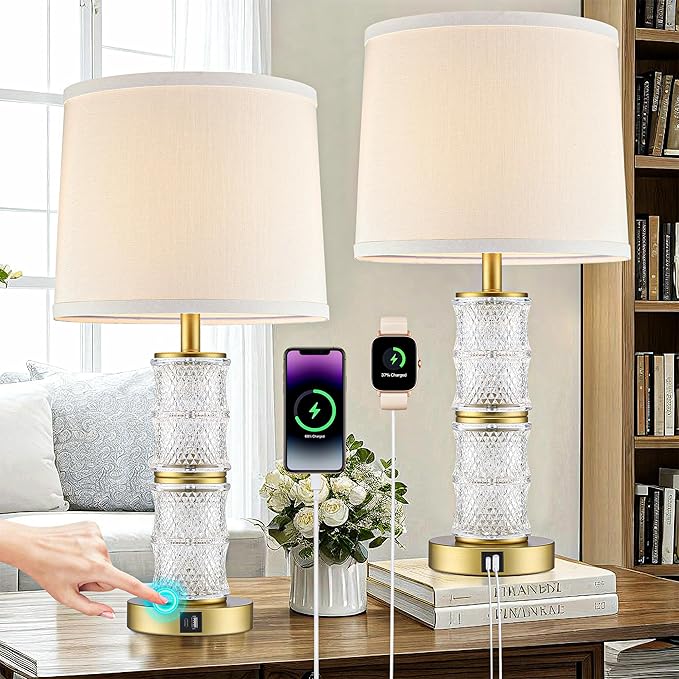 GRUENLICH Crystal Bedside Lamps Set of 2, Gold Bedroom Nightstand Light with Touch Control, 3-Way Dimmable Table Lamps, USB C+A Charging Ports for Living Room and End Tables