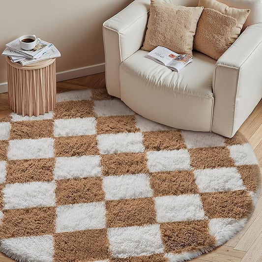 Checkered Rug 4x4 for Living Room, Beige and White Modern Shag Rug Super Soft Washable Indoor Fuzzy Carpet Non-Slip Fluffy Rugs for Bedroom Home Aesthetic Decor