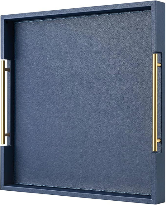 Navy Blue Faux Leather Decorative Tray,Large Square Serving Tray with Handles,coffee table tray for Home decor,Large Ottoman Tray for Living Room,Bathroom, 20 x 20in