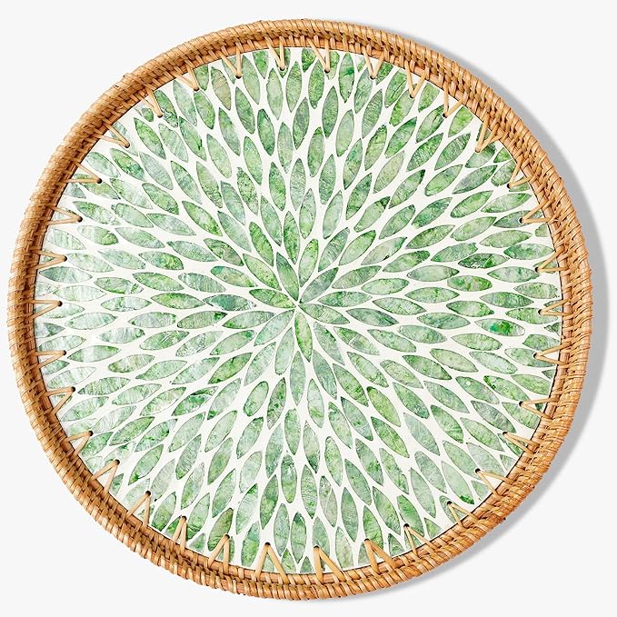 Round Rattan Tray with Mother of Pearl Inlay & Wooden Base - Decorative Wicker Serving Tray for Coffee/Bread/Fruits, Food Storage & Display - Multipurpose Home Decor (L,Green Leaves)
