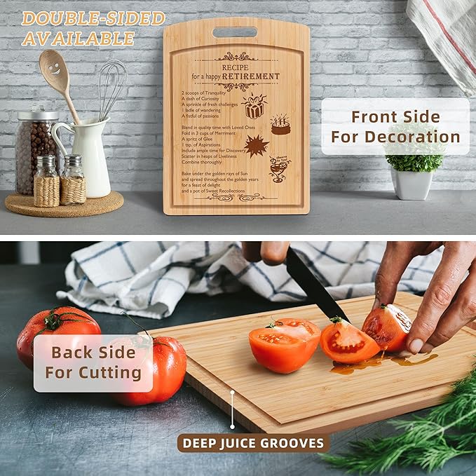 Joeyan Happy Retirement Cutting Board Gifts for Women Men Parents Friends Colleagues in Gift Box with Double Sides Grooves, Large Practical Sturdy Kitchen Chopping Present