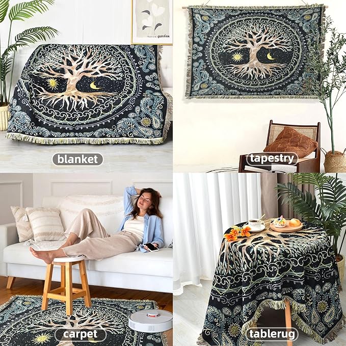 Boho Throw Blanket Reversible Cotton Bohemian Tapestry Hippie Room Decor Outdoor Blanket Double Sided (Boho Tree 50"x60")