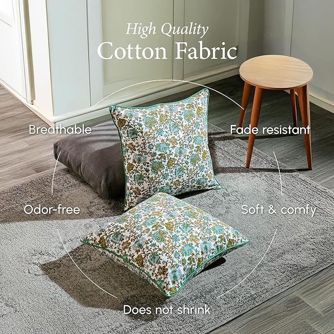 CPC 100% Cotton Throw Pillow Covers 24x24 Inch, Set of 2 Blue Block Print Pattern Couch Pillow, Cute Boho Decorative Pillows for Living Room, Bedroom with Hidden Zipper- Blue Topaz