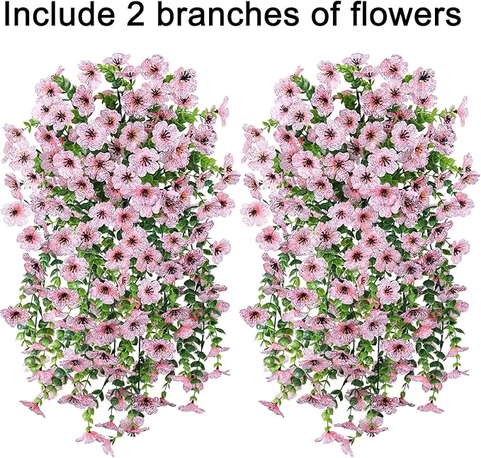 Artificial Flowers for Outdoors Decoration, 2Pcs Pink Fake Hanging Spring Summer Decor, Lifelike Plants, UV & Fading Resistant Flower for Porch Patio Balcony Planter Yard Home Garden