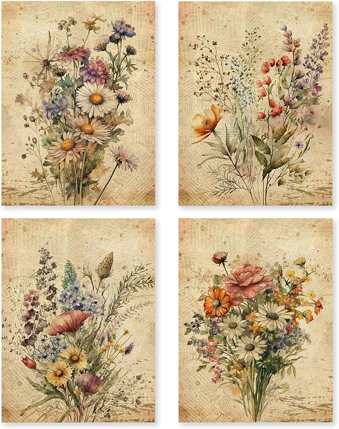 HRQKO Vintage Floral Wall Art Poster Prints Set of 4, Retro Wildflower Artwork Printing Posters, Botanical Flowers Prints for Living Room Bedroom 12"x16" Unframed