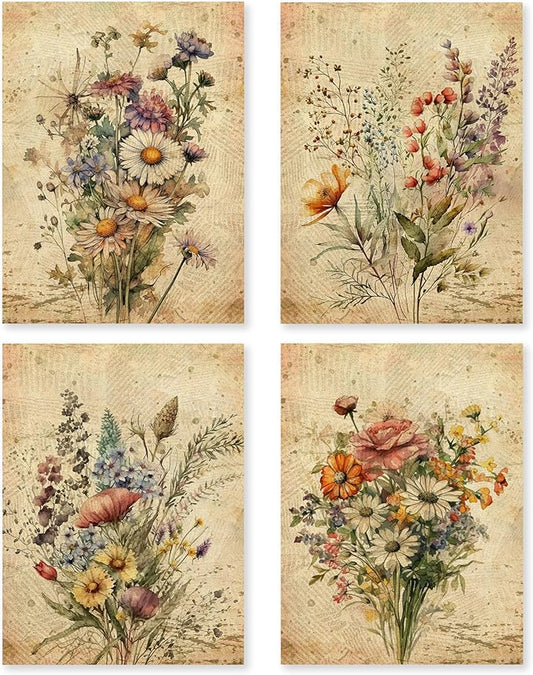 HRQKO Vintage Floral Wall Art Poster Prints Set of 4, Retro Wildflower Artwork Printing Posters, Botanical Flowers Prints for Living Room Bedroom 12"x16" Unframed