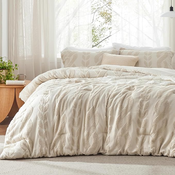 Bedsure Twin/Twin XL Size Comforter Set Beige, Boho Tufted Bed Set, Farmhouse Jacquard Cable Knit Pattern Bedding, 2 Pieces, 1 Shabby Chic Fluffy Comforter & 1 Pillow Sham