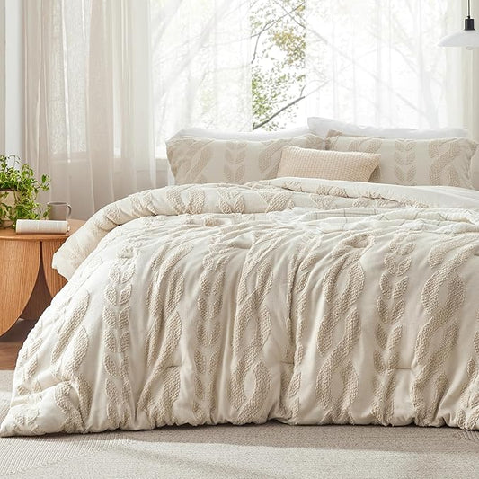 Bedsure Queen Size Comforter Set Beige, Boho Tufted Bed Set, Farmhouse Jacquard Cable Knit Pattern Bedding, 3 Pieces, 1 Shabby Chic Fluffy Comforter & 2 Pillow Shams