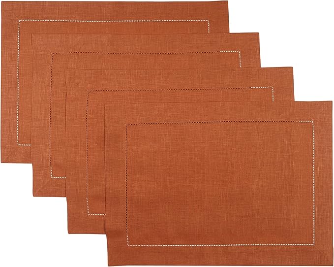 D'Moksha Homes Rust Linen Placemats Set of 4 - Classic Hemstitch Placemats 14 x 19 Inch - 100% Pure Linen Table Mats for Fall, Halloween - Handcrafted and Machine Washable