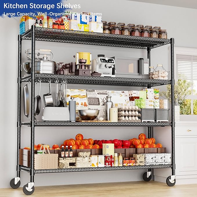 Heavy Duty Shelving, 76.2" H Garage Shelving Unit with Wheels, 4-Tier Garage Storage Shelves Metal Shelves Rack, Adjustable Industrial Shelving for Warehouse Storage, 60" W x 24" D x 76.2" H, Black