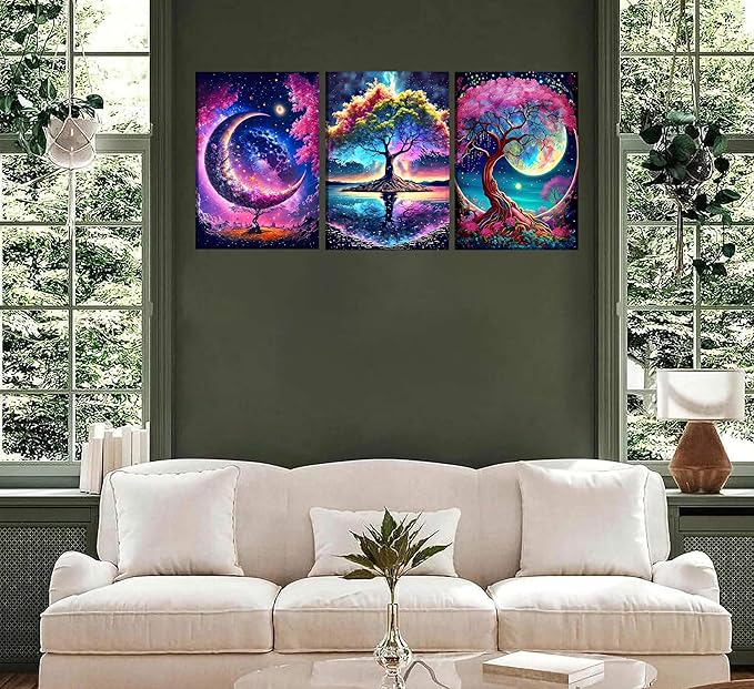 3PCS Tree of Life Wall Art Romantic Starry Night Landscape Canvas Posters Moon Pictures Modern Abstract Paintings Timeless Elegance Prints Vibrant Colors Wall Decor for Bedroom Living Room Framed