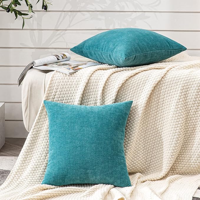GAWAMAY Decorative Chenille Throw Pillow Covers 24x24 Inch Pack of 2, Soft Square Couch Pillow Cover for Sofa Cushion Living Room Bedroom Solid Dyed Pillowcases Teal 60x60cm (ONLY Covers)