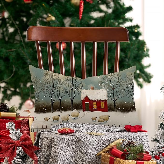 Christmas Pillow Covers - 12x20 Watercolor Snowflake Rustic Style Nature Forest Sheep Decorative Throw Pillows for Winter Decor