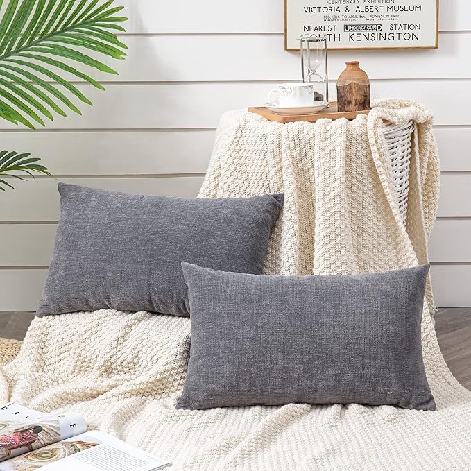 GAWAMAY Lumbar Support Pillow Decorative Rectangle Throw Pillow Covers 12"x20" Inch Set of 2, Soft Chenille Fall Pillowcase for Living Room Bedroom Sofa Couch Cushion Cover Grey 30x50cm (No Insert)