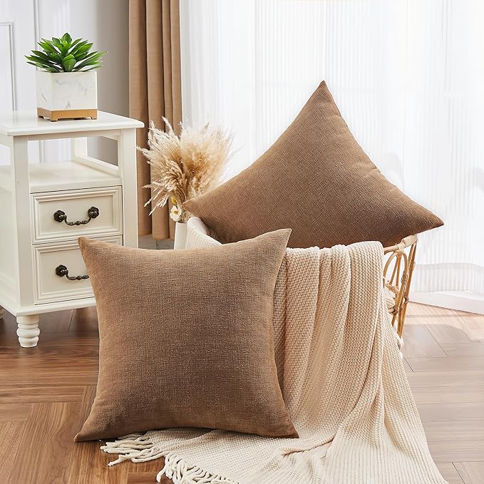 GAWAMAY Decorative Square 16x16 Inch Throw Pillow Covers Set of 2, Super Soft Chenille Pillows Farmhouse Fall Pillowcase for Living Room Bedroom Sofa Couch Cushion Cover Brown 40x40cm (No Inserts)