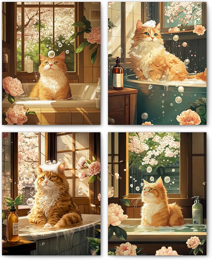 FITIE Funny Orange Cat Bathroom Wall Art Prints Set of 4, Vintage Floral Funny Orange Cat in Bathtub Wall Art Posters for Bathroom Washroom Restroom Decor, 8x10 Unframed