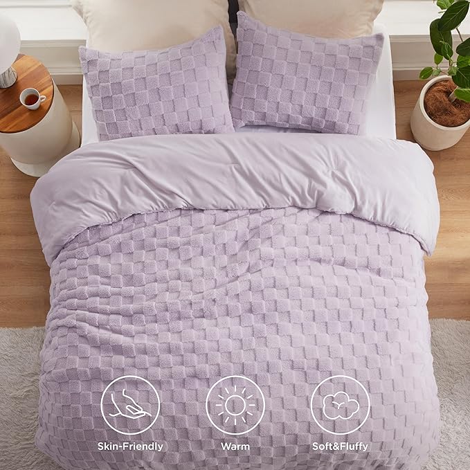Bedsure Queen Fluffy Comforter Set, Light Purple Plush Fleece Bed Set, Checkered Farmhouse Boho Soft Warm Bedding for Winter, 3 Pieces, 1 Comforter (90"x90") and 2 Pillowcases (20"x26")