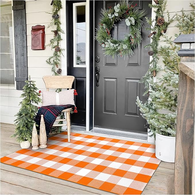 KOZYFLY Buffalo Plaid Rug 3x5 Ft Orange and White Checke Orange Rug Halloween Fall Door Mat Woven Cotton Washable Area Rugs Door Mat Outdoor Entrance for Front Porch Entryway Fall Farmhouse